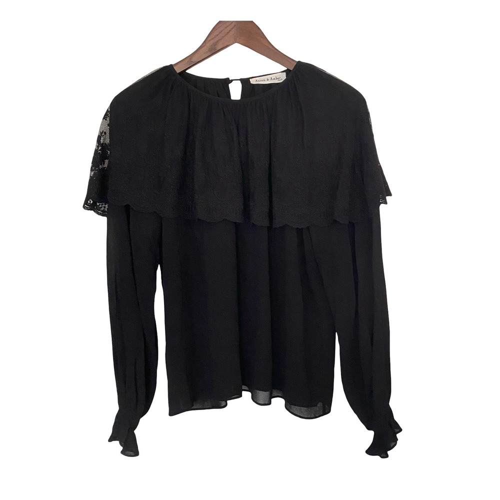 Aaron & Amber Black Sheer Lace Blouse Ruffle‎ Cape Long Sleeve S